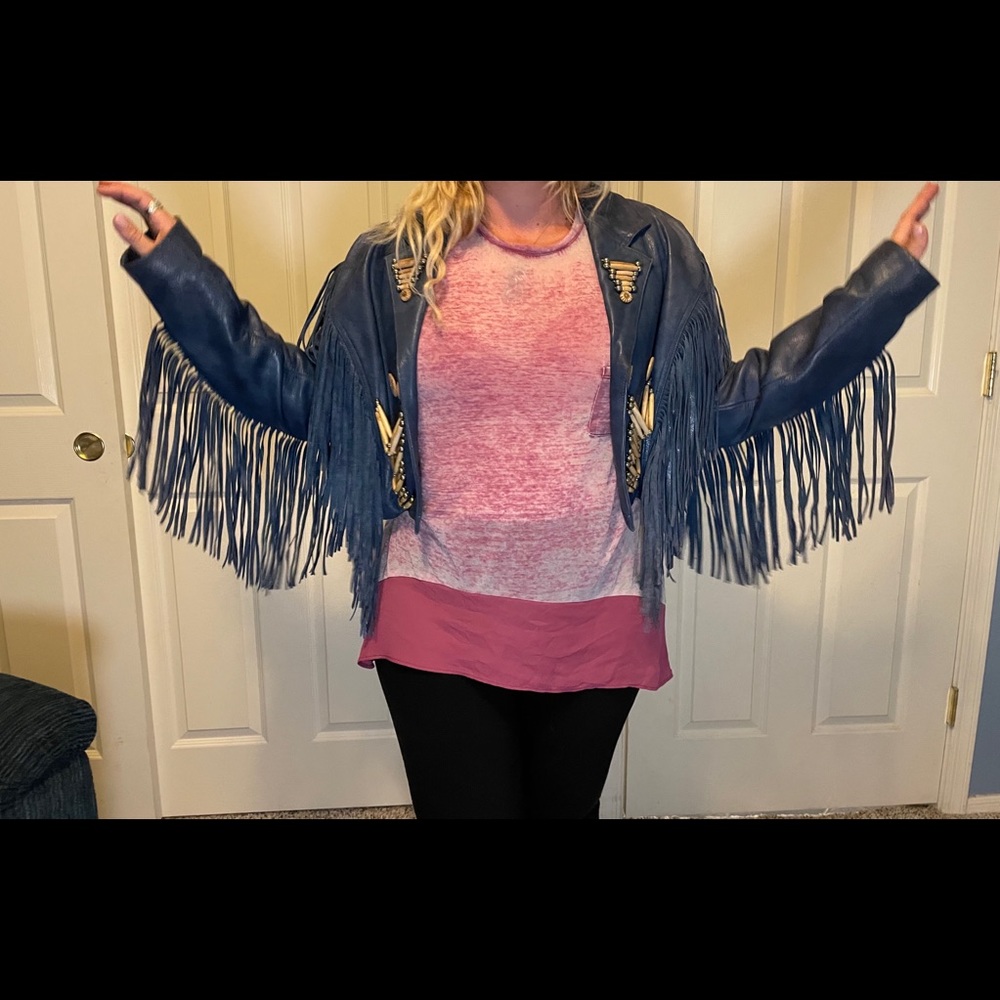 Vintage 100% leather, blue with fringe, cropped jacket with bead work!